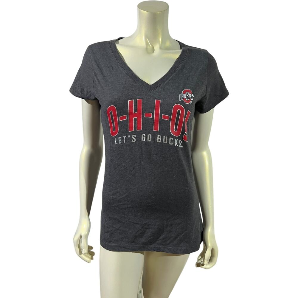 Ohio State Buckeyes V-Neck T-Shirt O-H-I-O Let's Go Bucks Women's Large Gray